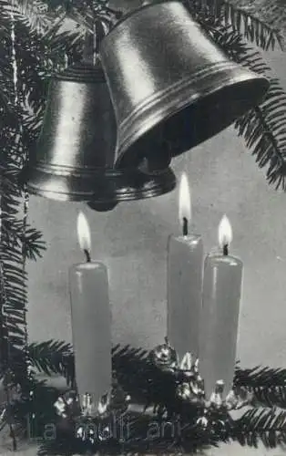 Winter Holidays Christmas greetings Postcard fir tree lit burning candles and bells decorative ornaments detail view