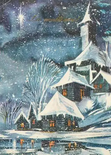 Winter Holidays greetings illustration Postcard snowy winter night