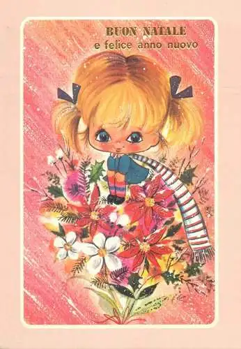 Winter Holidays greetings illustration Postcard doll type girl with flower bouquet