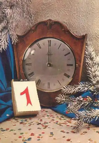 Winter Holidays New Year greetings Postcard clock January 1st day calendar