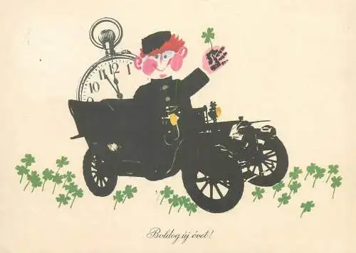 Winter Holidays New Year greetings drawing Postcard four leaf clover clock classic vintage car