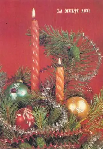 Winter Holidays Christmas greetings Postcard lit candles globes decoration ornaments