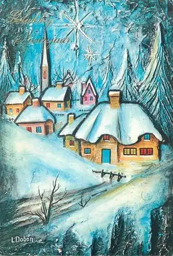 Winter Holidays New Year greetings Postcard village during winter L. Dobon signed illustration