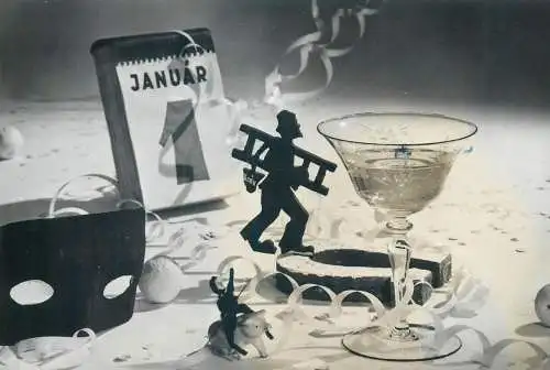 Winter Holidays New Year greetings Postcard 1st January champagne glass horseshoe chimney sweep
