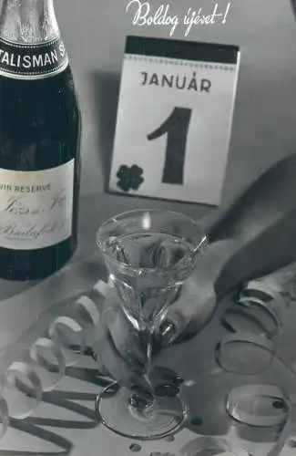 Winter Holidays New Year celebration greetings Postcard 1st January glass and Champagne bottle