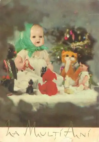Winter Holidays greetings Postcard dolls toys decoration ornaments detail view
