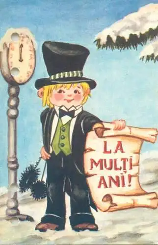 Winter Holidays greetings illustration Postcard elegant gentleman top hat fancy tuxedo costume winter day