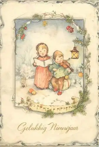 Winter Holidays greetings illustration Postcard winter cheerful singing people