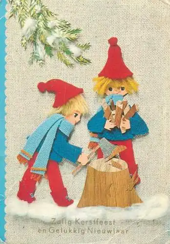 Winter Holidays greetings illustration Postcard boys making firewood