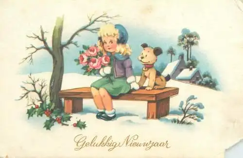 Winter Holidays New Year greetings illustration Postcard  girl and dog