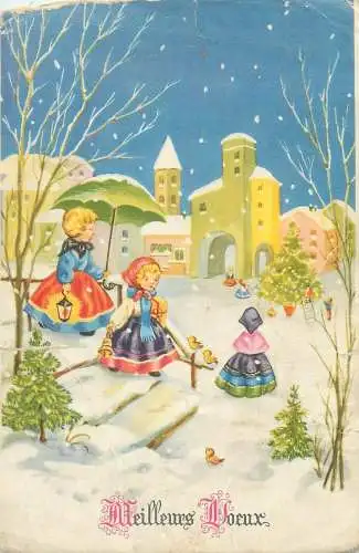 Winter Holidays New Year greetings Postcard snowy winter day Le Soleil dans la nuit Maffle illustration