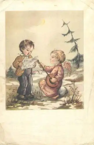 Winter Holidays New Year greetings Postcard winter day boy and guitar singing angel singing Holiday songs