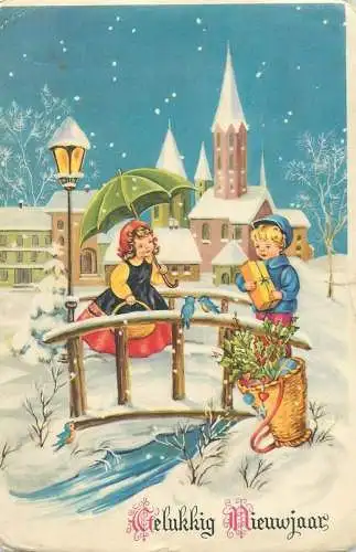 Winter Holidays New Year greetings Postcard winter day Der Zon in de Nacht Maffle illustration