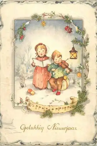 Winter Holidays New Year greetings Postcard boy and girl singing Holiday songs