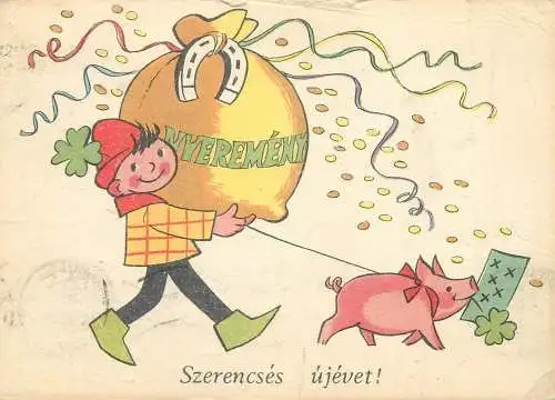 Winter Holidays New Year greetings Postcard pig lottery ticket money bag horseshoe