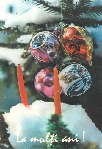 greetings Postcard decorated globes Christmas tree detail aspect