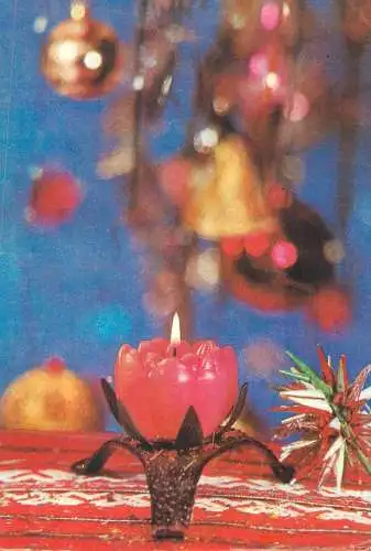 greetings Postcard lit tulip-shaped candle decorated Christmas tree
