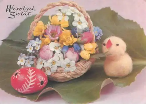 Easter greetings illustration Postcard basket floral colourful arrangement chicken pencilled eggs