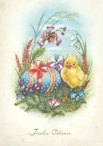 Easter Holidays greetings illustration Postcard Frohe Ostern chicken with ribbon wrapped painted eggs