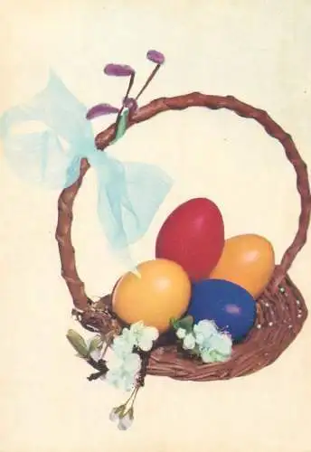 Easter Holiday greetings Postcard painted eggs basket