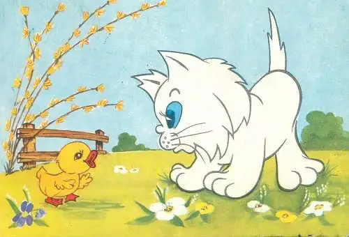 illustration Postcard friendly cat and chicken
