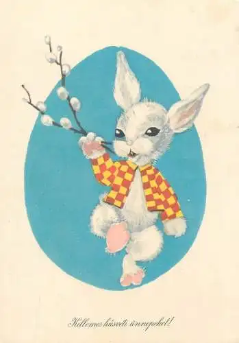 Easter Holiday greetings illustration Postcard fancy squared jacket bunny with blossom willow branch