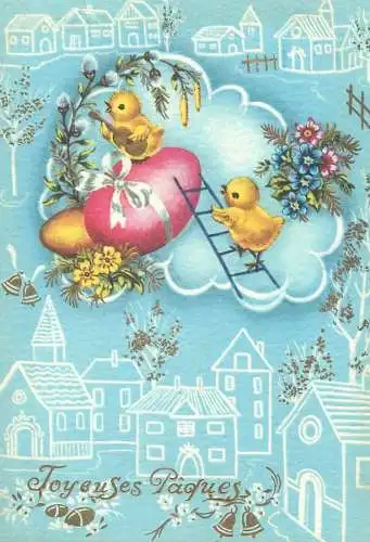 Easter Holiday greetings illustration Postcard painted eggs chicken on a ladder