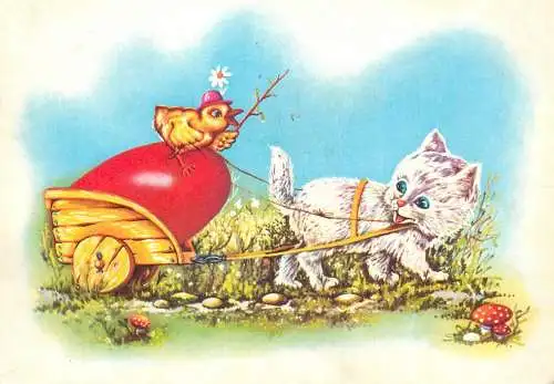 Easter greetings illustration Postcard chicken painted egg on cat-drawn wheel-cart