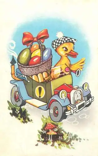 Easter greetings illustration Postcard duck driving car with painted eggs basket