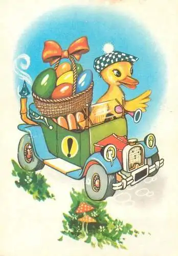 Easter greetings illustration Post card duck driving car with painted eggs basket