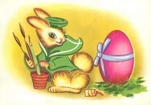 Easter greetings illustration Post card artist bunny with painted egg