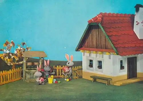 Easter Holiday greetings Postcard bunnies family