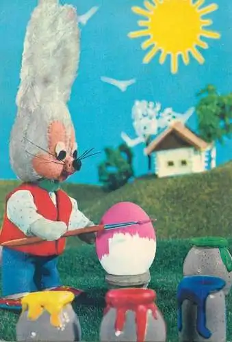 Easter Holiday greetings Postcard Bunny painting eggs
