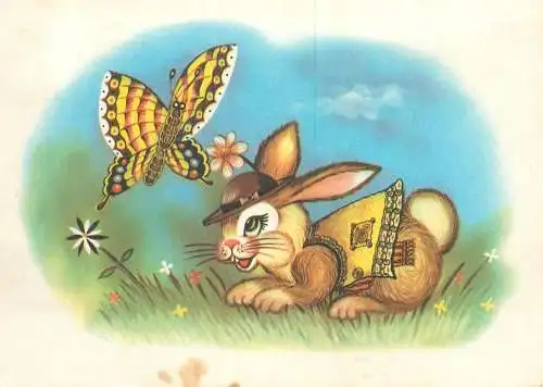 illustration Postcard rabbit and butterfly