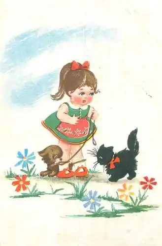 drawing illustration Postcard girl walking dog and cat