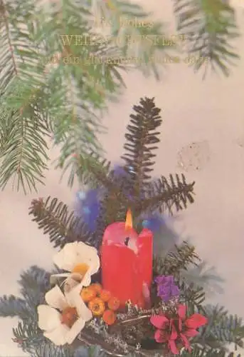 Postcard Flowers greetings card Christmas scene candle tree