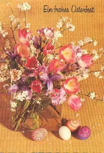 Postcard FlowersEaster greetings card eggs tulips