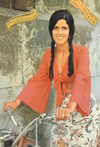 Heureux Anniversaire St Nicholas Postcard ethnic gypsy woman with bicycle
