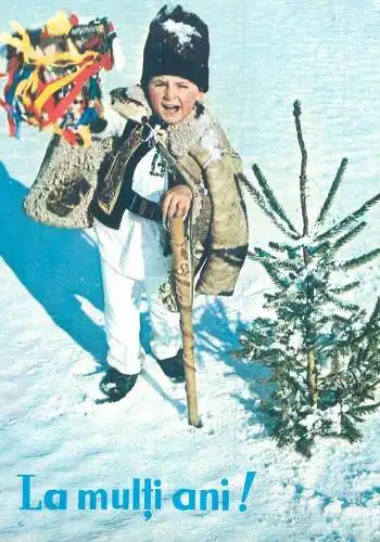 Romania Post card Winter Holidays customs and traditions children types young boy wearing folk costume cheering