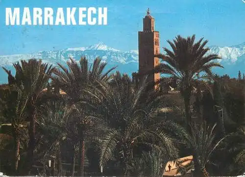 Postcard Africa Morocco Marrakech minaret mosque Koutoubia and High Atlas 1974