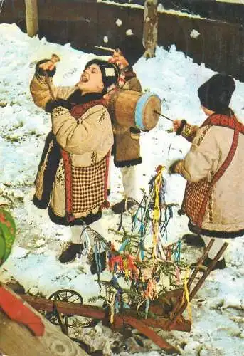 Postcard Romania New Years traditional customs young boys wearing folk costumes cheering