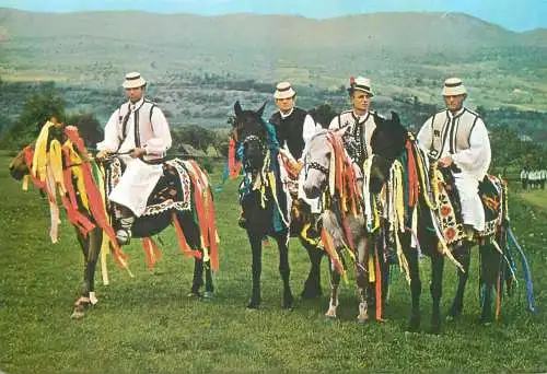 Postcard Heralds at a wedding Horsemen from Mara Valley folk traditional costumes