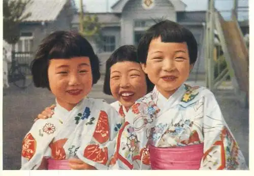 Postcard ethnic children types young Japanese girls laughing traditional costumes