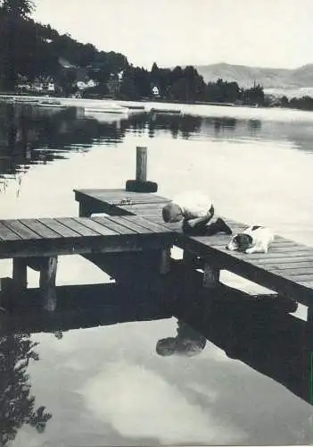 Postcard children types boy and dog looking in lake water Alain Stouder detail photo