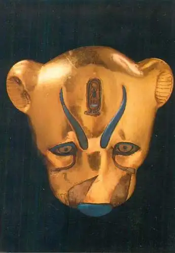 Postcard Egipt Cairo museum Pantherkopf Holz mit Goldfolie Glas