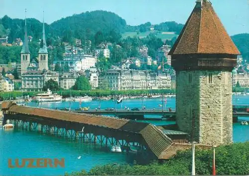 Postcard Switzerland Luzern citadel tower and bridge