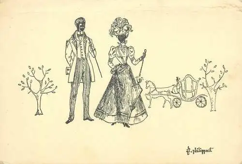 Fancy couple silhouette artist postcard