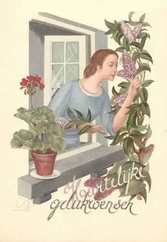 Drawn woman smelling lilac flowers 1955 greetings postcard