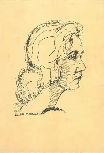 Drawn woman head portrait by Alice Nahon 1950 pictorial card