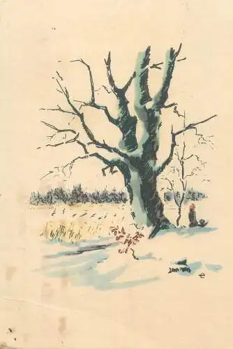 Drawn tree Denmark artist postcard 1948